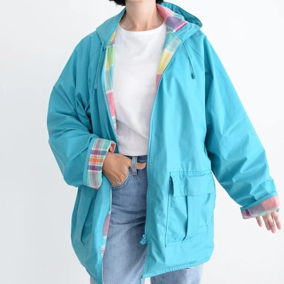 Vintage Sequence Teal Rain Jacket with Rainbow Lining Size  20 - Picture 3 of 15
